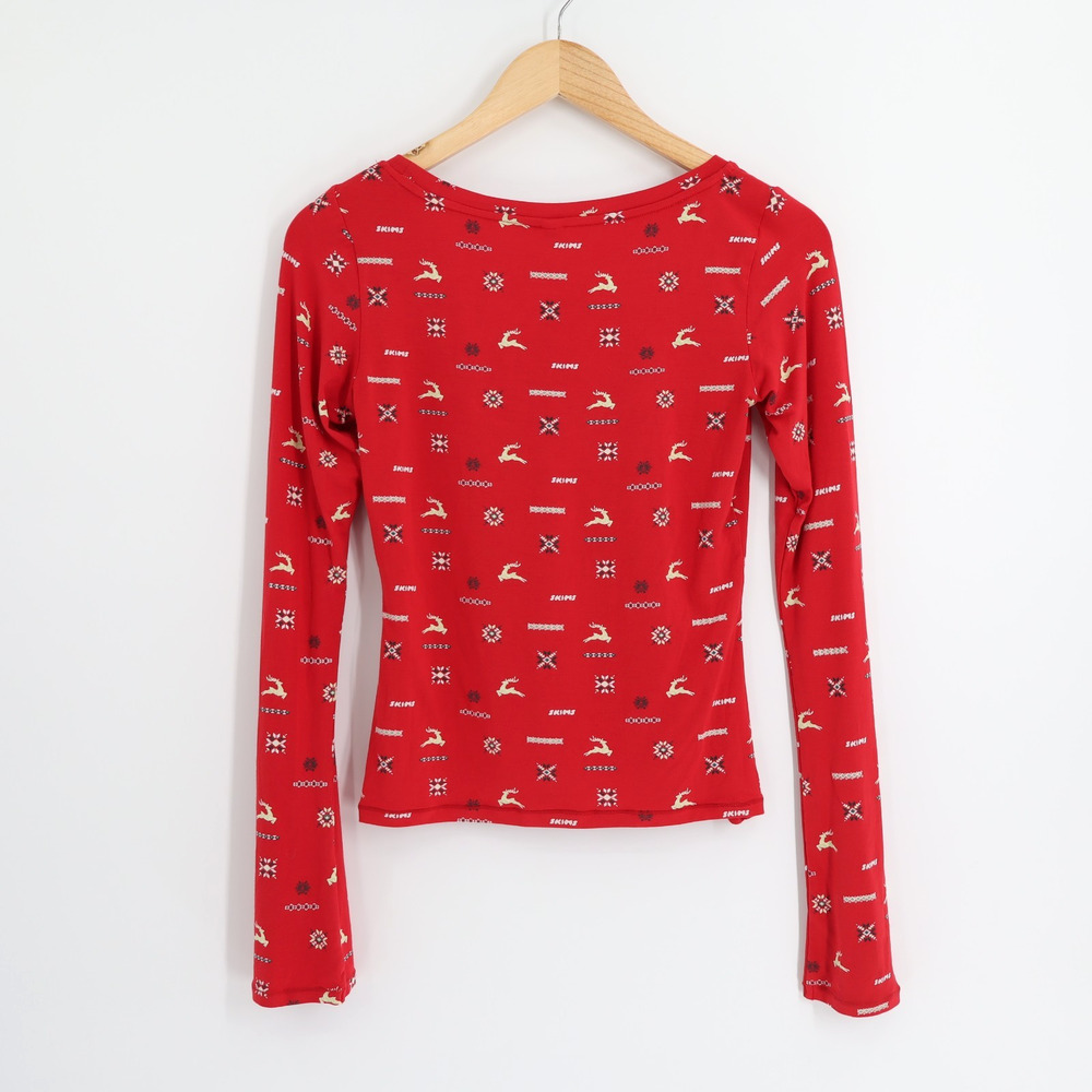 Skims NWT Sleep Scoop Neck Top Cranberry Vintage Deer Print Sz S - Picture 3 of 11